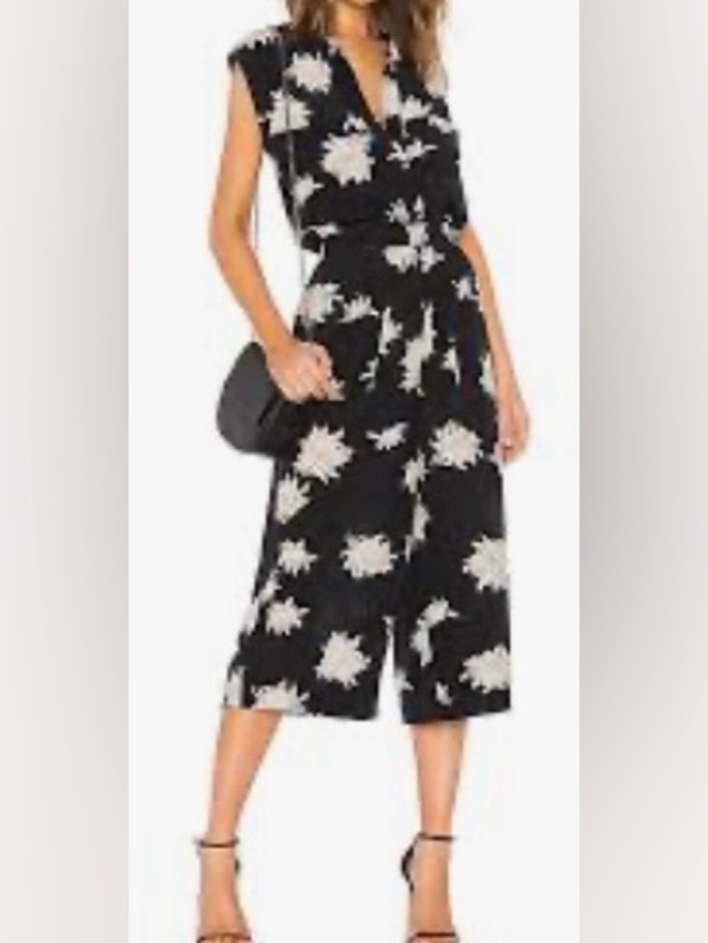 Vince Chrysanthemum Black & White Floral Silk Sleeveless Wide-leg Jumpsuit - S
